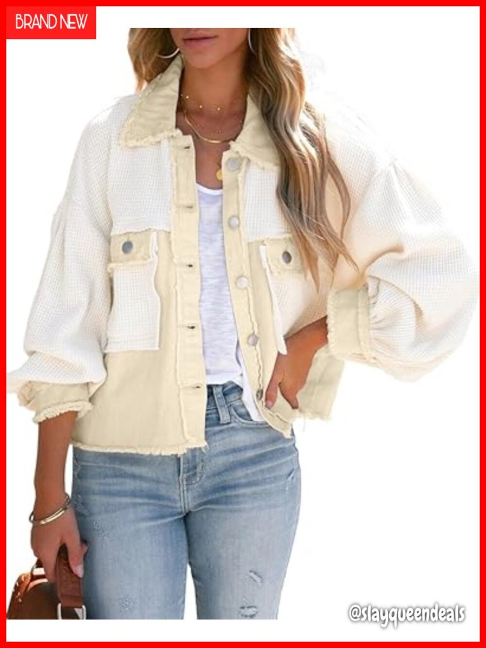 Women's Cropped Waffle Knit Button Down Shirt Jacket Shacket
